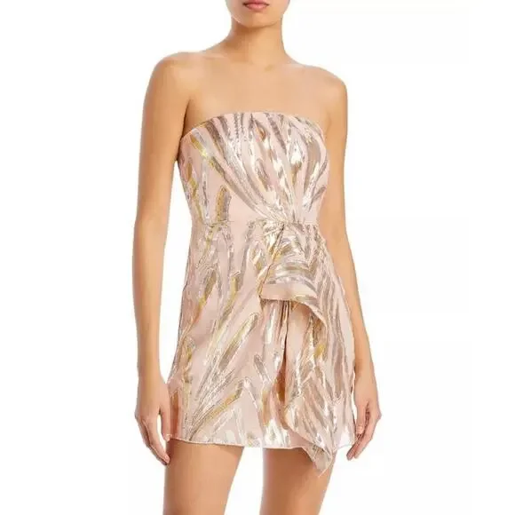 Ramy Brook | Dresses | Ramy Brook Mayrice Strapless Mini Dress Sz 2 Blush  Gold Metallic Printed Ruffled | Poshmark
